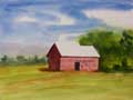 Watercolor painting of a small barn.