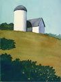 A watercolor painting of a barn and silo, illustrating blue shadows in the landscape.