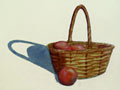 Watercolor painting of a basket filled with tomatoes.