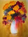 A wet in wet watercolor painting of a glass vase filled with flowers.
