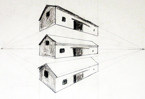 Drawing demonstrating the drawing technique of three point perspective.