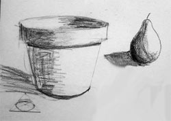 Drawing of a flower pot and a pear showing how to create the illusion of roundness.